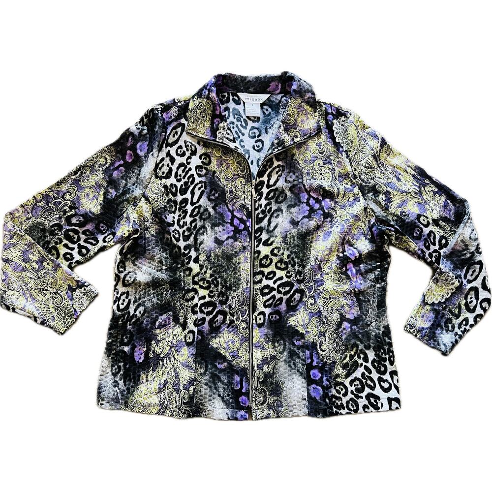 Misook Leopard Animal Print Women's Jacket Large Full zip Purple Yellow Shiny